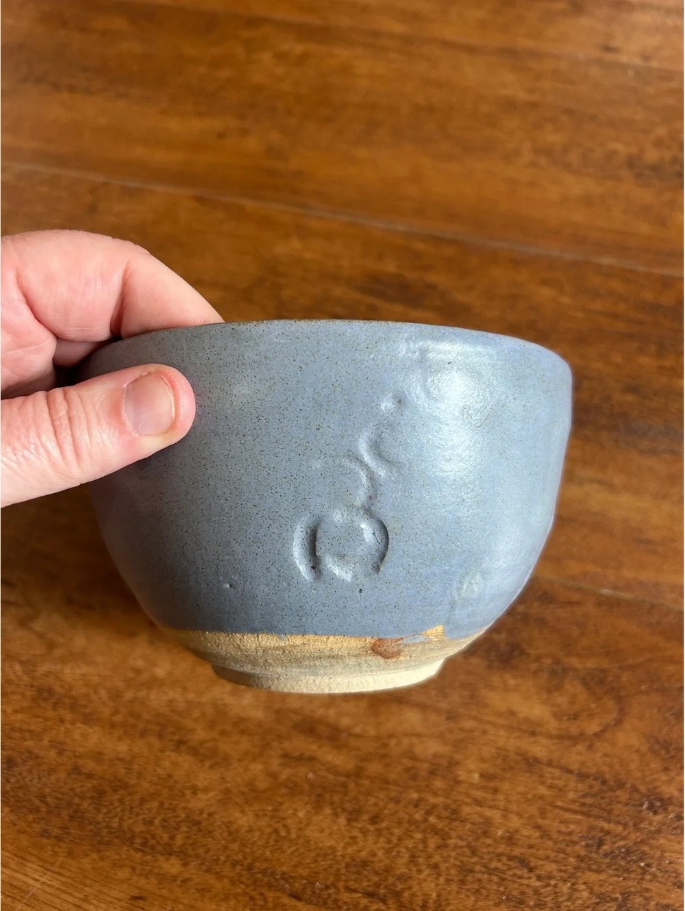 Handmade Ceramic Bowl with Blue Exterior and Brown Interior